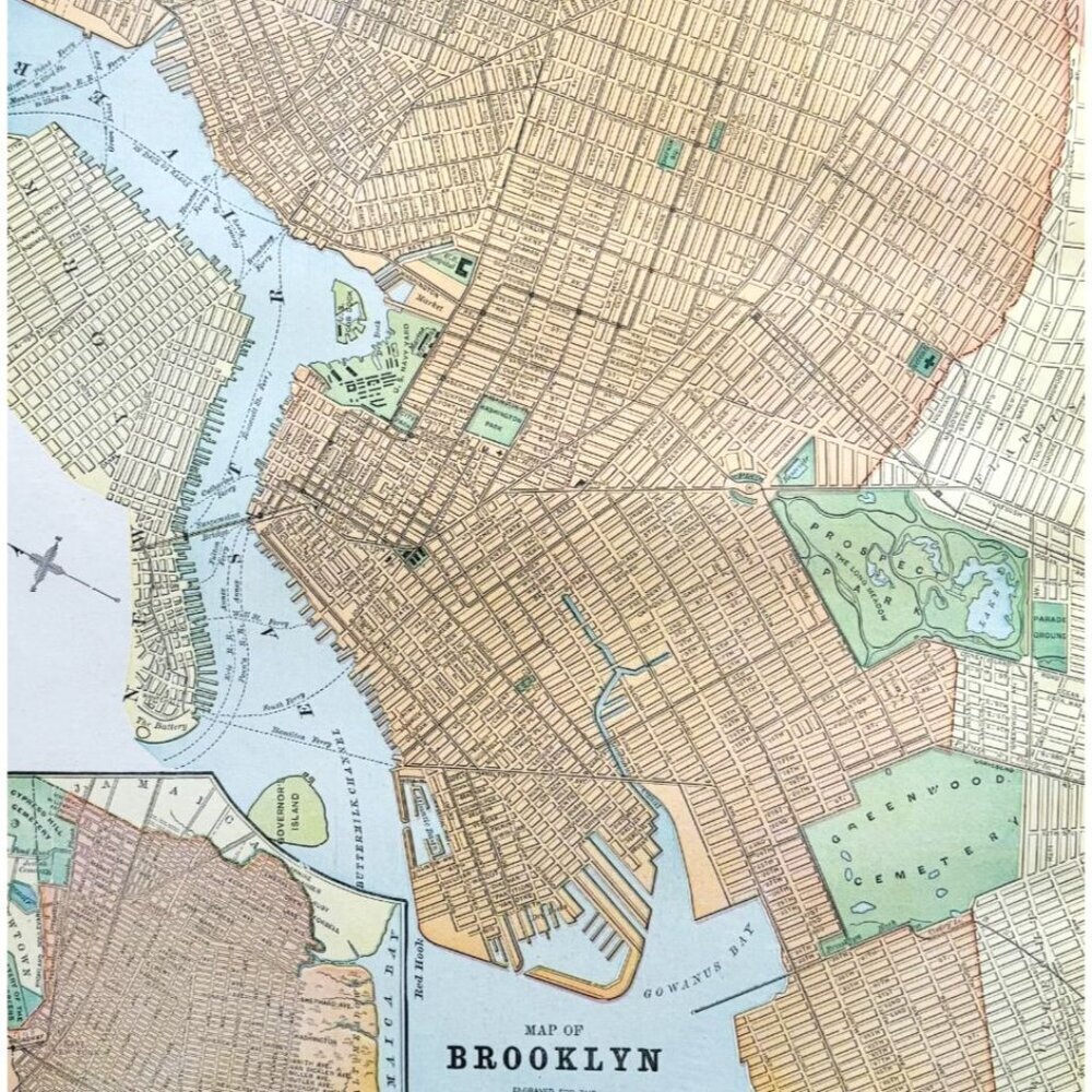 1895 Brooklyn New York City Map Victorian Antique Geography History DWYY10A